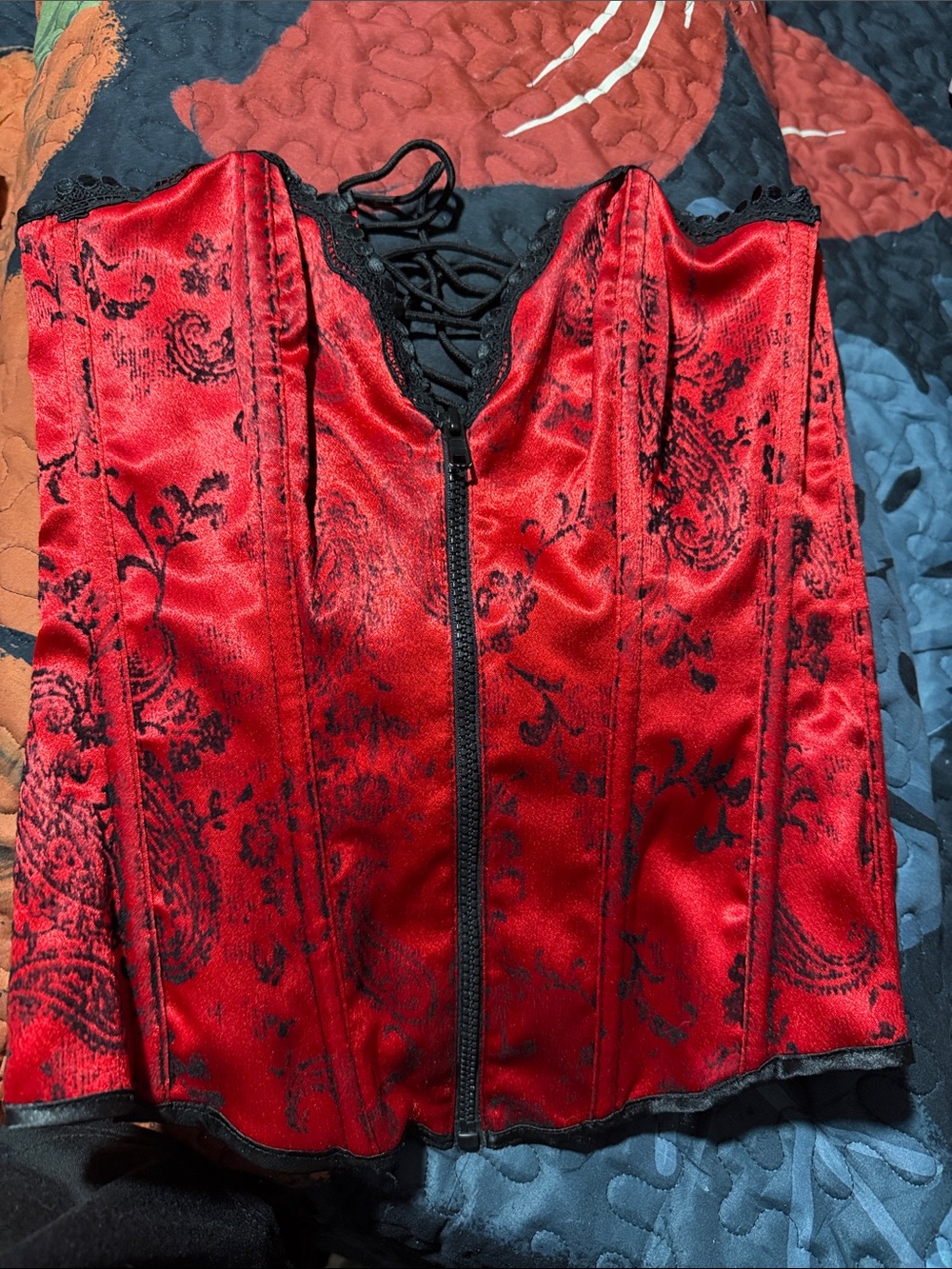 Frederick's of Hollywood Red Satin Lace-Up Corset Bustier Black Small